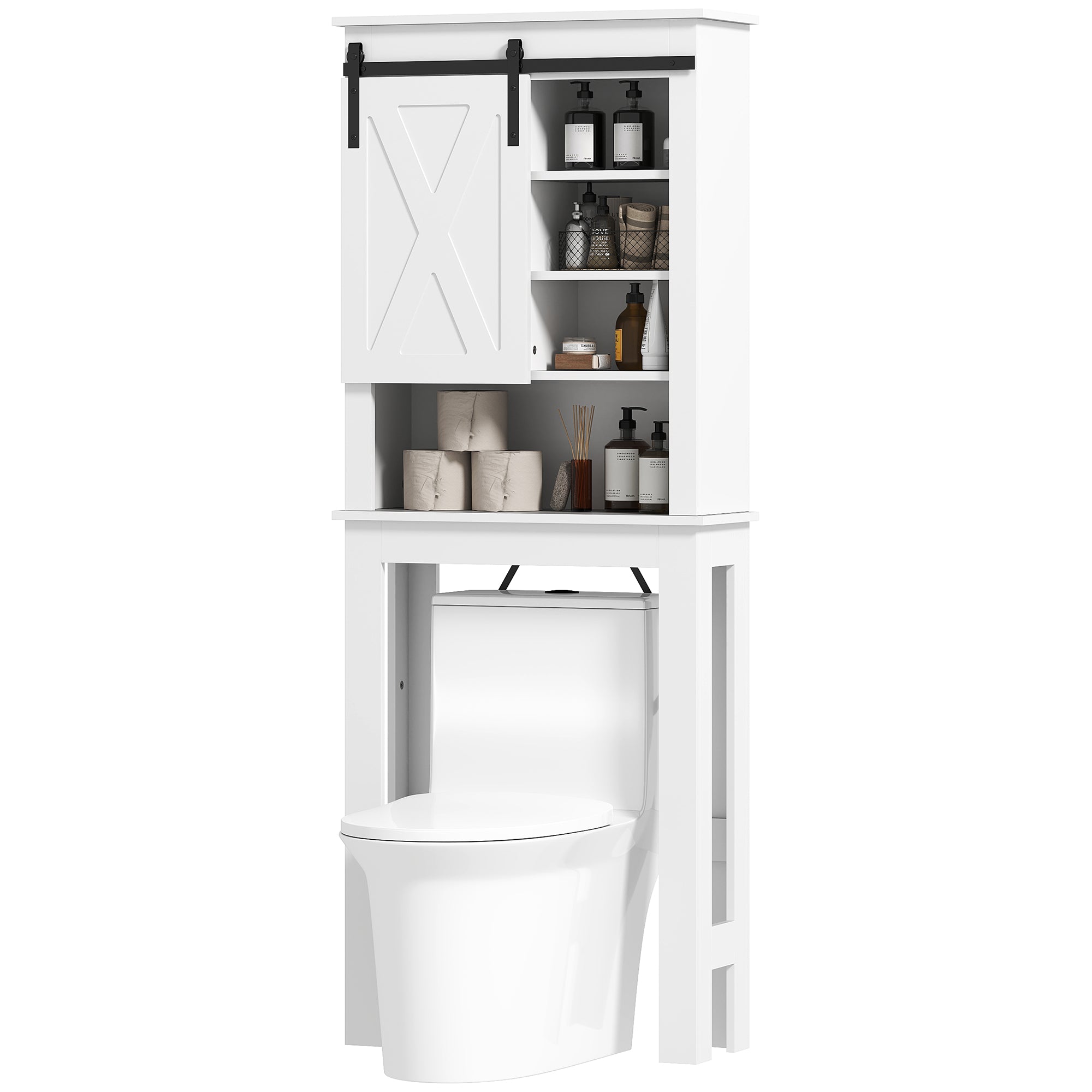 Over-The-Toilet Cabinet Over-Toilet Storage Cabinet with Barn-Style Sliding Door and 6 Compartments Rustic Bathroom Cabinet 67x25x172 cm White