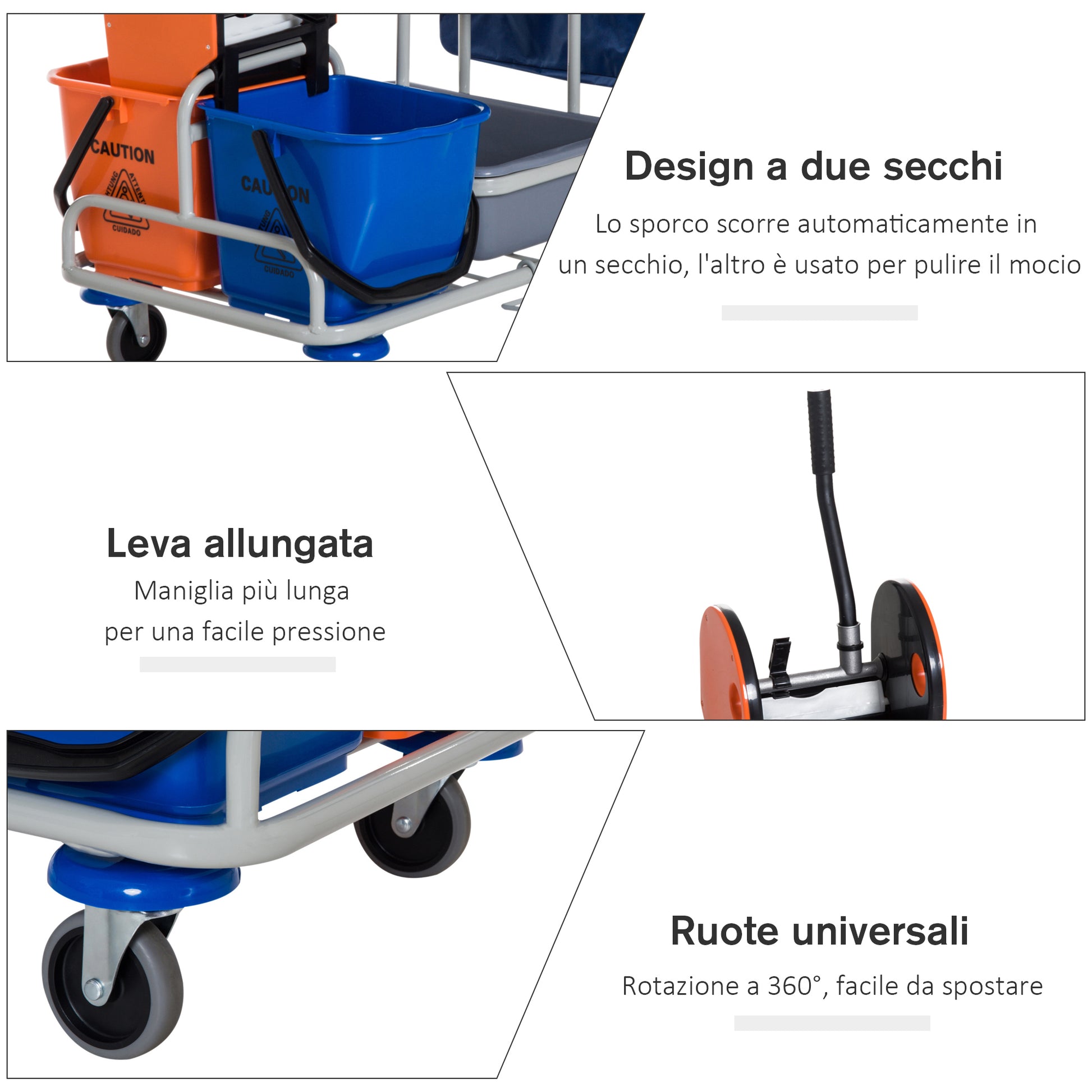 Professional Multipurpose Cleaning Trolley with 4 Buckets Wheels Canvas Bag 118 × 73 × 103cm
