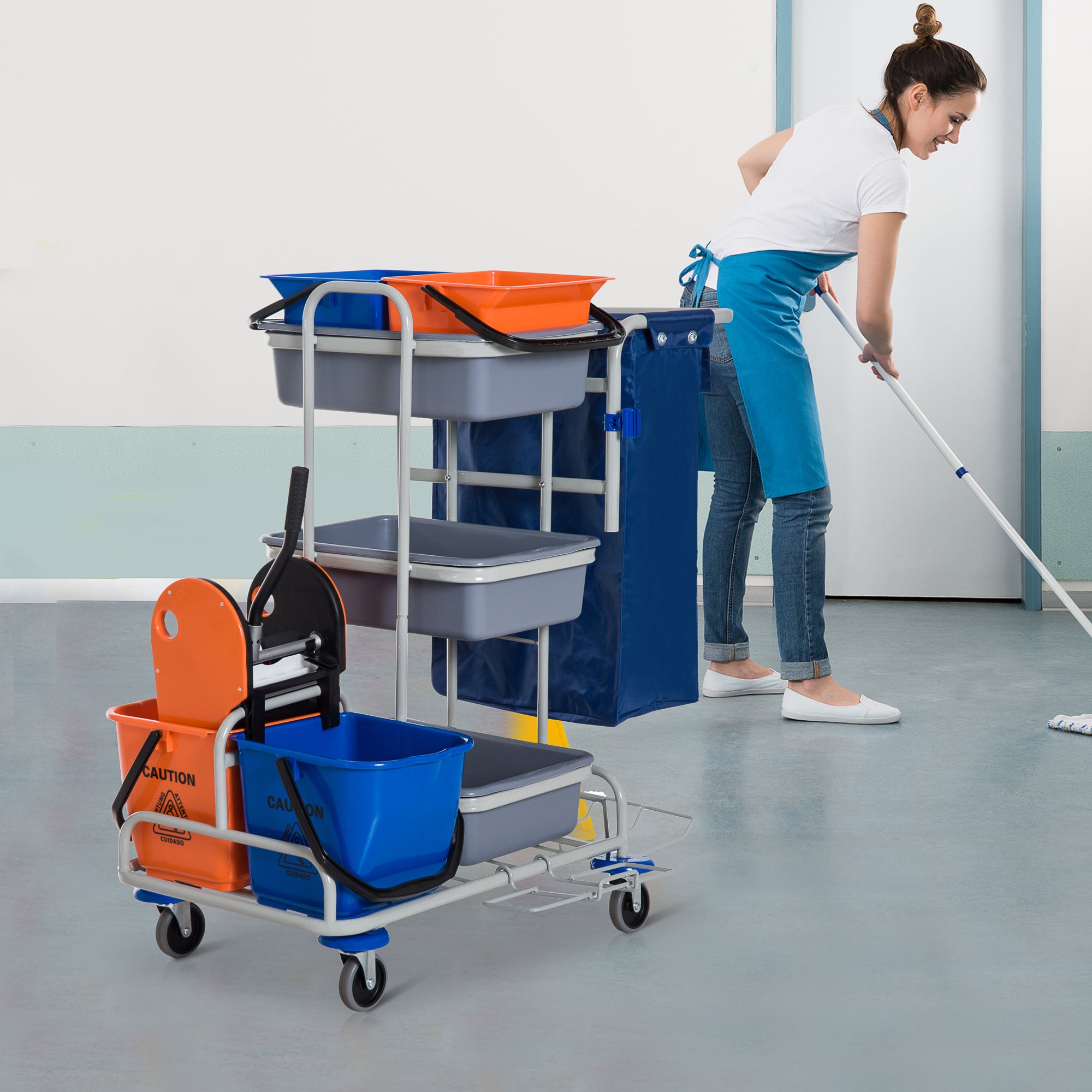 Professional Multipurpose Cleaning Trolley with 4 Buckets Wheels Canvas Bag 118 × 73 × 103cm
