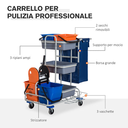 Professional Multipurpose Cleaning Trolley with 4 Buckets Wheels Canvas Bag 118 × 73 × 103cm