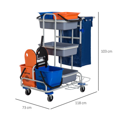 Professional Multipurpose Cleaning Trolley with 4 Buckets Wheels Canvas Bag 118 × 73 × 103cm