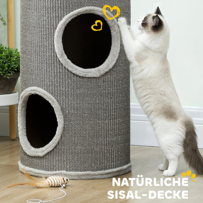 Barrel Cat Scratcher, 60 cm H x 35 cm Ø – Two-Level Cat Tower with 2 Hideouts, Plush-Edged Scratcher for 1–2 Cats up to 5 kg, Light Gray