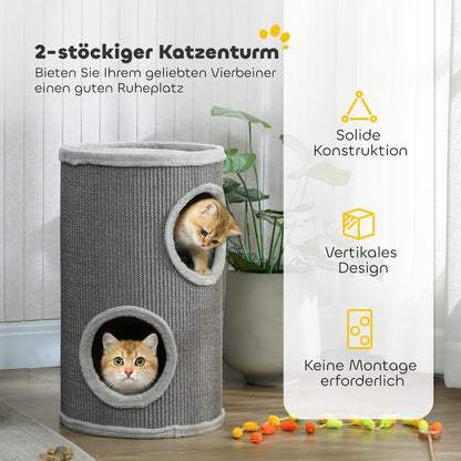 Barrel Cat Scratcher, 60 cm H x 35 cm Ø – Two-Level Cat Tower with 2 Hideouts, Plush-Edged Scratcher for 1–2 Cats up to 5 kg, Light Gray