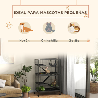 4-Level Cage for Small Animals Cage for Rodents with Wheels, Ramps, Hanging Hammock, and Removable Tray Enclosure for Rabbits Chinchillas Ferrets 31.5x20.5x50 inches Dark Gray