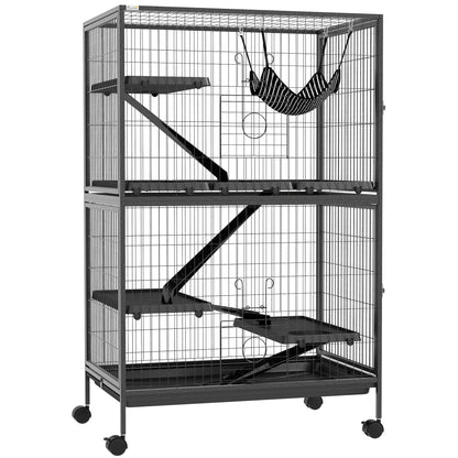 4-Level Cage for Small Animals Cage for Rodents with Wheels, Ramps, Hanging Hammock, and Removable Tray Enclosure for Rabbits Chinchillas Ferrets 31.5x20.5x50 inches Dark Gray