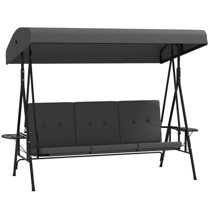 Garden Swing for 3 People with Adjustable Sunroof, 2 Folding Side Trays, Cushions, Made of Steel and Polyester, Dark Gray