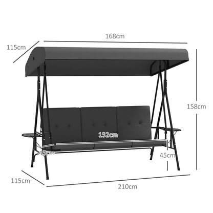 Garden Swing for 3 People with Adjustable Sunroof, 2 Folding Side Trays, Cushions, Made of Steel and Polyester, Dark Gray