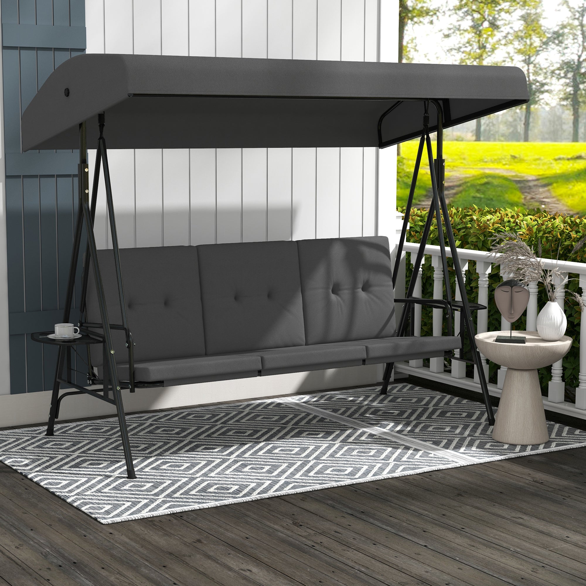 Garden Swing for 3 People with Adjustable Sunroof, 2 Folding Side Trays, Cushions, Made of Steel and Polyester, Dark Gray
