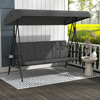 Garden Swing for 3 People with Adjustable Sunroof, 2 Folding Side Trays, Cushions, Made of Steel and Polyester, Dark Gray