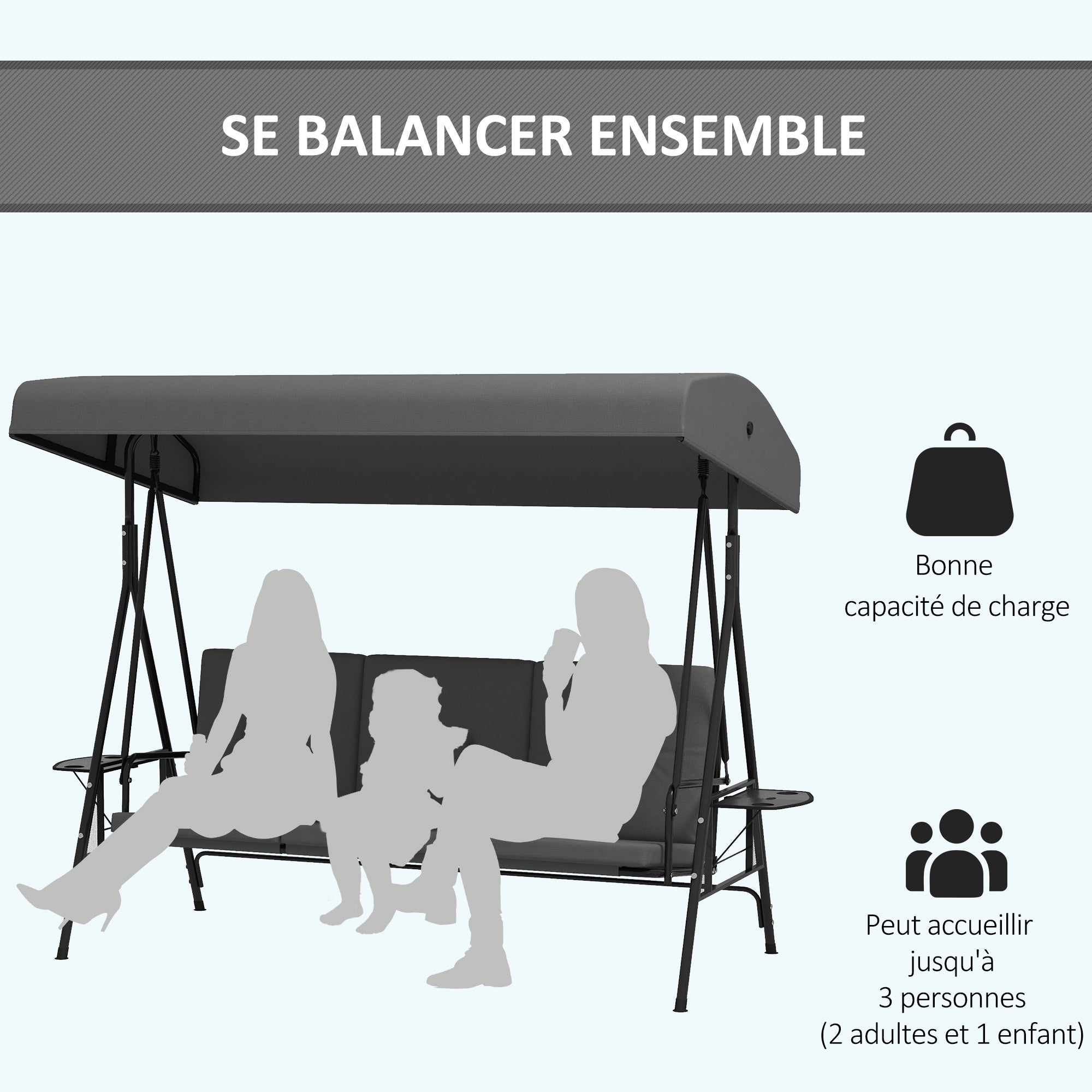 Garden Swing for 3 People with Adjustable Sunroof, 2 Folding Side Trays, Cushions, Made of Steel and Polyester, Dark Gray