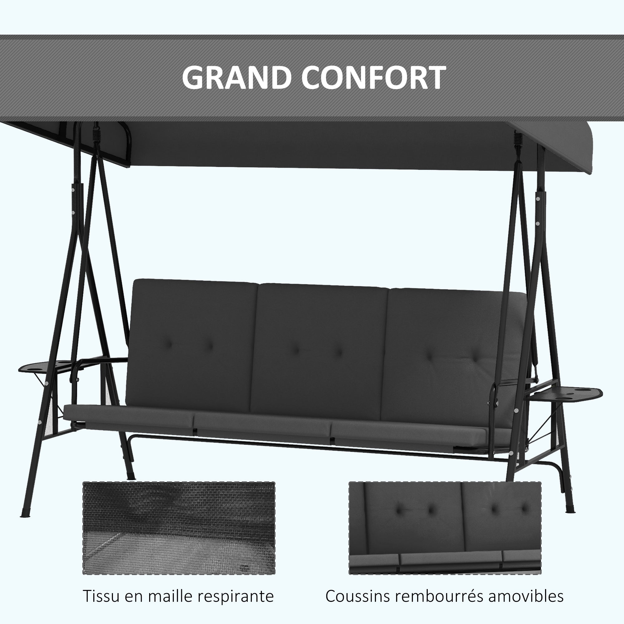 Garden Swing for 3 People with Adjustable Sunroof, 2 Folding Side Trays, Cushions, Made of Steel and Polyester, Dark Gray