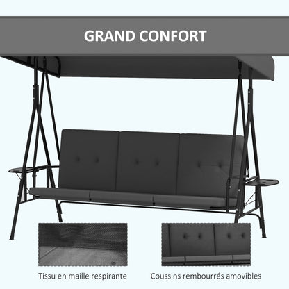 Garden Swing for 3 People with Adjustable Sunroof, 2 Folding Side Trays, Cushions, Made of Steel and Polyester, Dark Gray