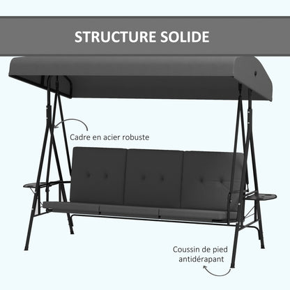 Garden Swing for 3 People with Adjustable Sunroof, 2 Folding Side Trays, Cushions, Made of Steel and Polyester, Dark Gray