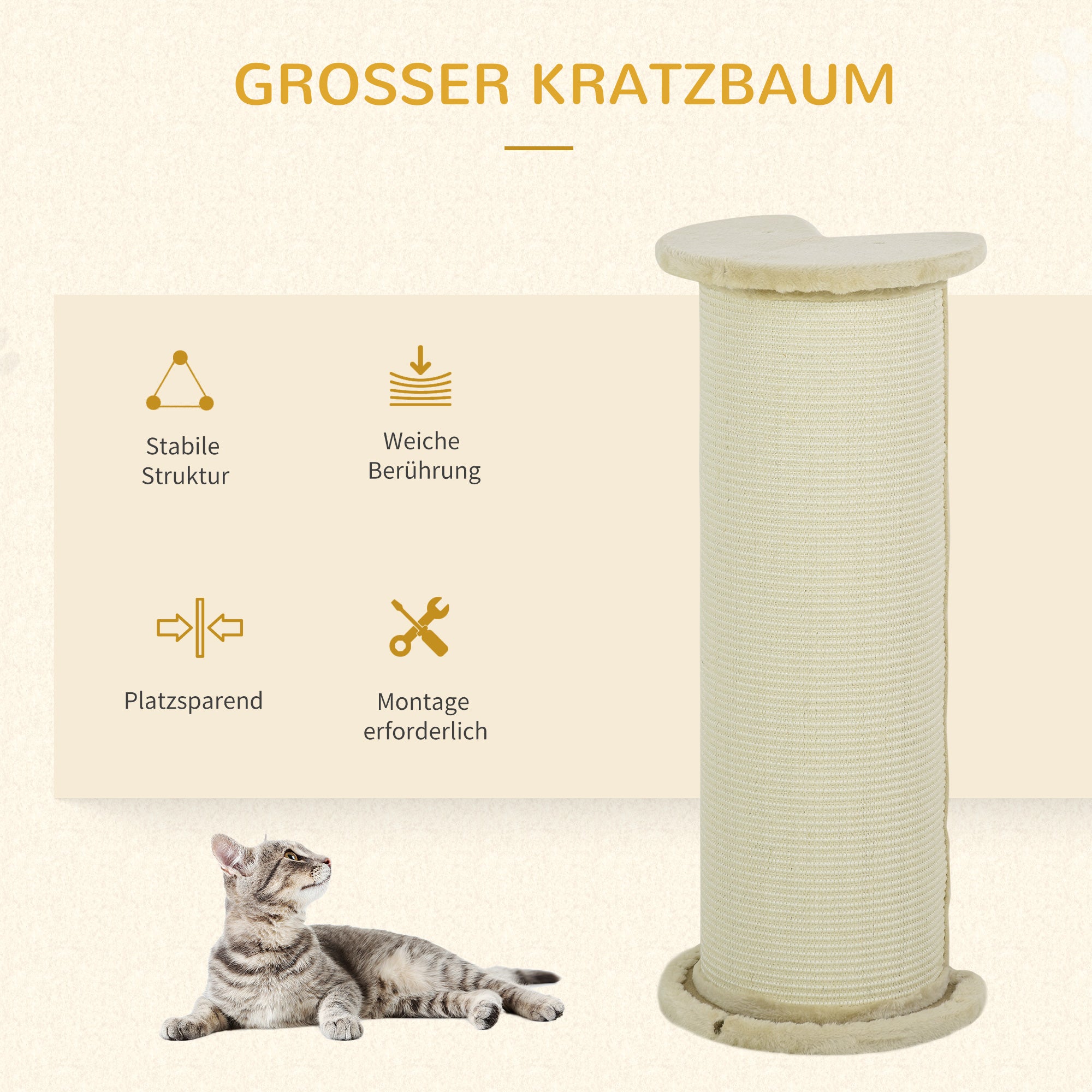Cat Scratching Post 85cm High Scratching Pole with Sisal Rope, Tilt Protection Cat Scratching Tree for Medium Sized Cats, Cream White
