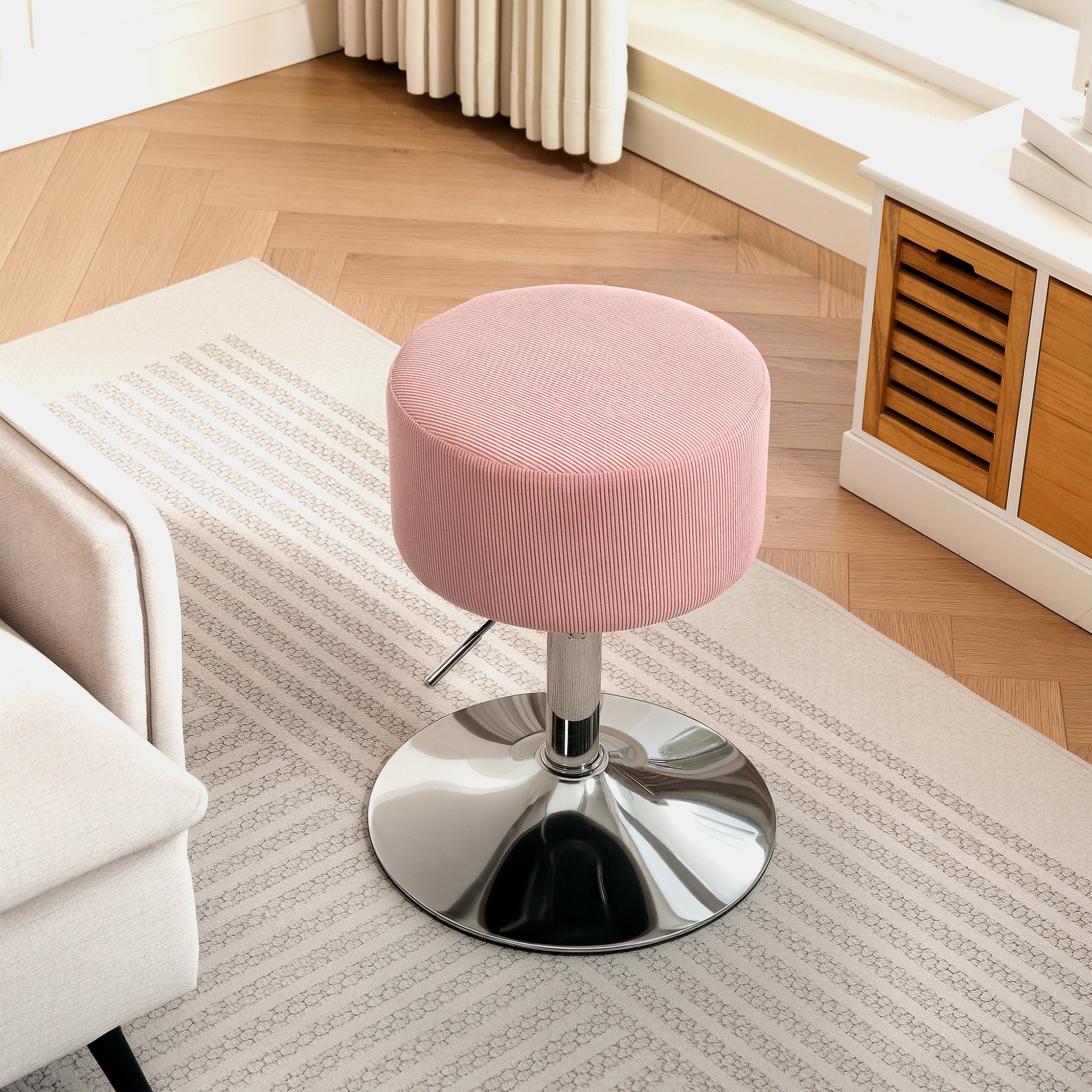Bar Stool, Upholstered Bar Chair with Metal Frame, Corduroy Look, Height Adjustable Kitchen Stool with Footrest 360° Swivel Counter Stool for Kitchen, Living Room, Dining Room Pink