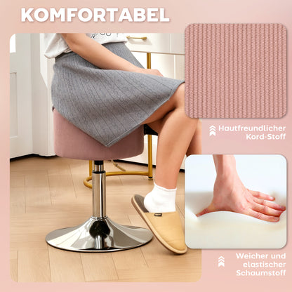 Bar Stool, Upholstered Bar Chair with Metal Frame, Corduroy Look, Height Adjustable Kitchen Stool with Footrest 360° Swivel Counter Stool for Kitchen, Living Room, Dining Room Pink