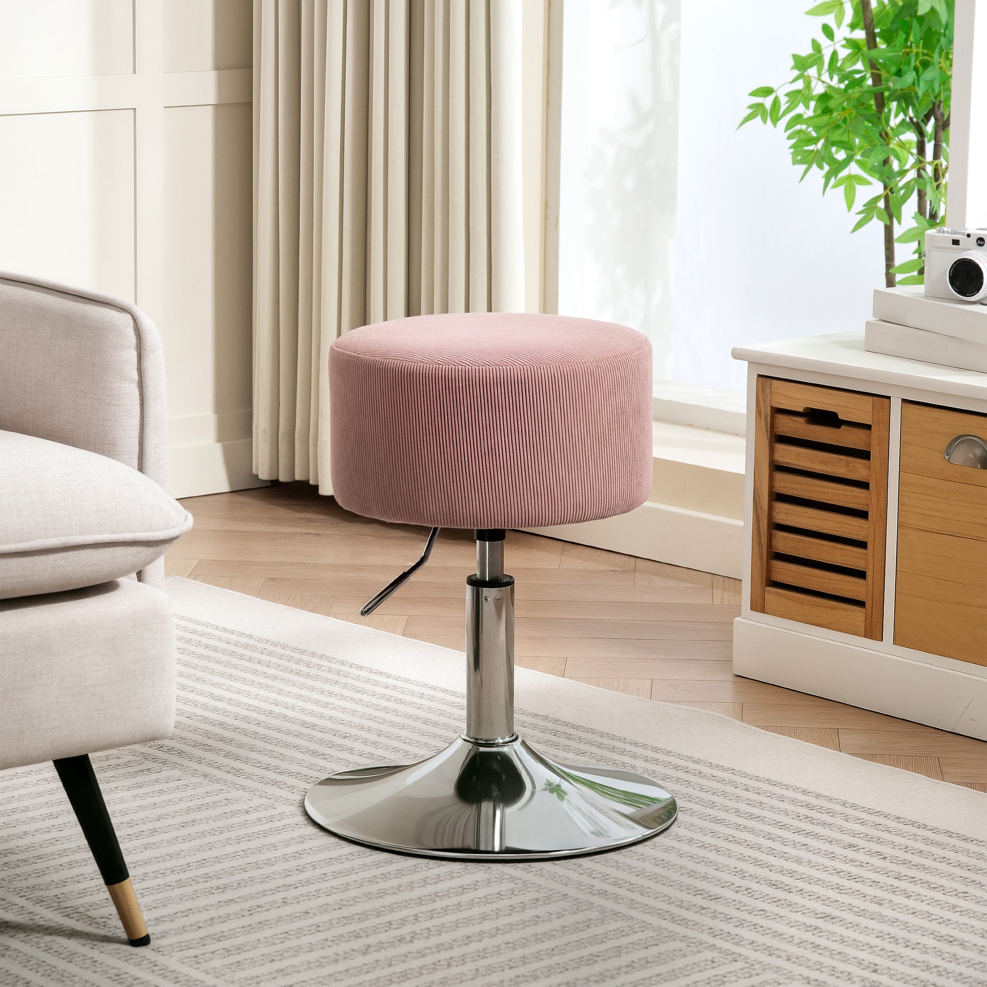 Bar Stool, Upholstered Bar Chair with Metal Frame, Corduroy Look, Height Adjustable Kitchen Stool with Footrest 360° Swivel Counter Stool for Kitchen, Living Room, Dining Room Pink