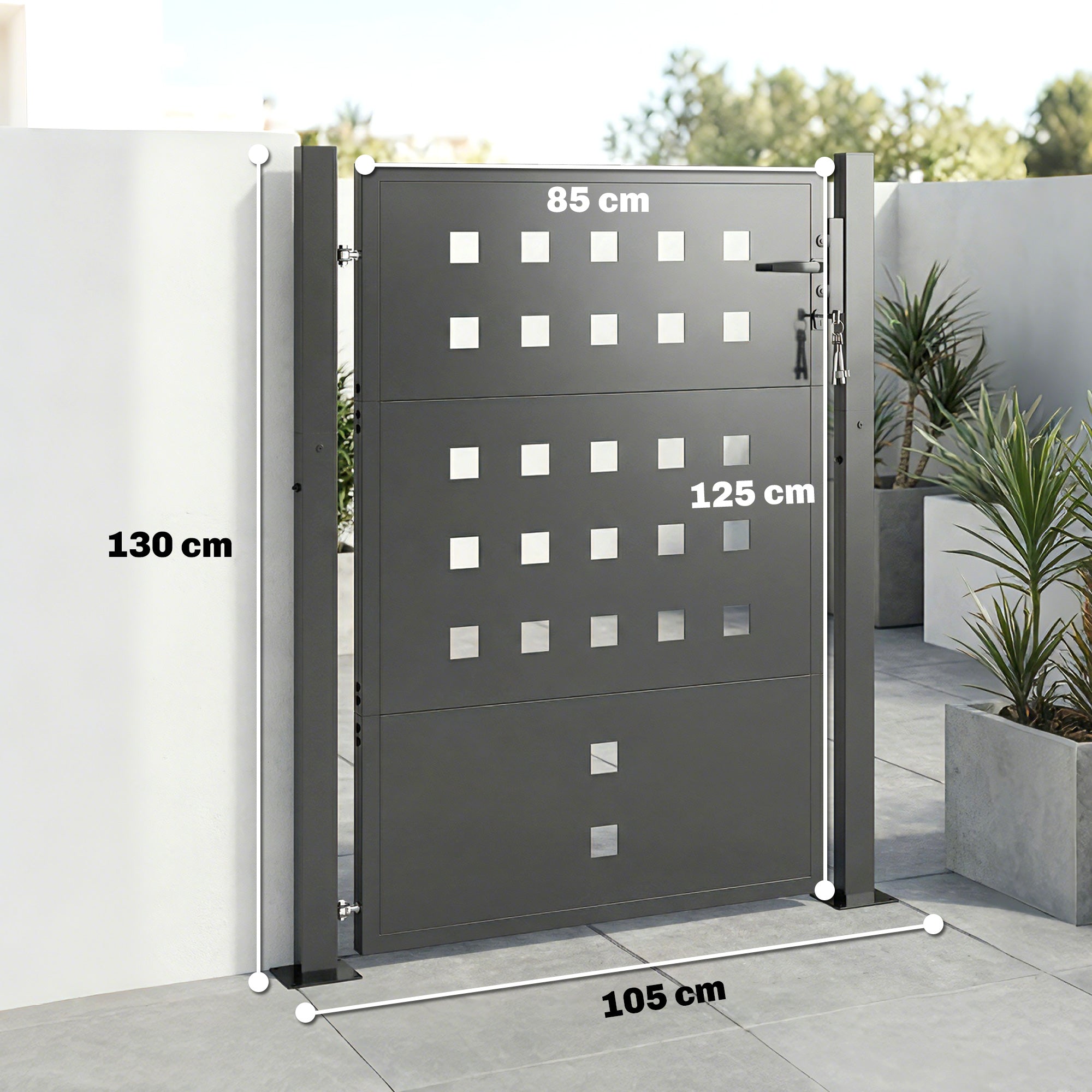 Galvanized Steel Garden Gate with Handle, Lock & 3 Keys, 105 x 130 cm, Dark Gray
