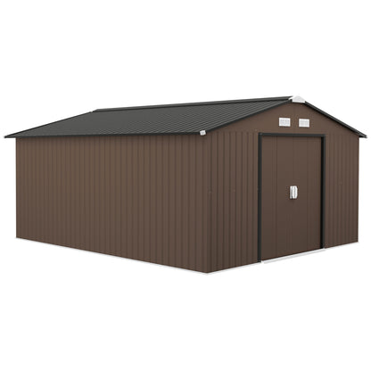 Toolhouse 12.4 m², Garden Shed with Gable Roof, Sliding Door, Foundation, 386 x 340 x 200 cm, Tool Shed made of Galvanized Steel, Weatherproof, for Garden, Brown