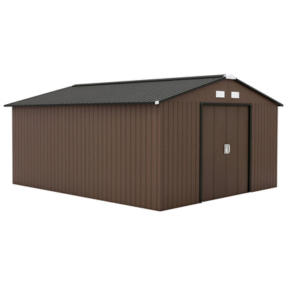 Toolhouse 12.4 m², Garden Shed with Gable Roof, Sliding Door, Foundation, 386 x 340 x 200 cm, Tool Shed made of Galvanized Steel, Weatherproof, for Garden, Brown