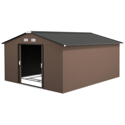 Toolhouse 12.4 m², Garden Shed with Gable Roof, Sliding Door, Foundation, 386 x 340 x 200 cm, Tool Shed made of Galvanized Steel, Weatherproof, for Garden, Brown