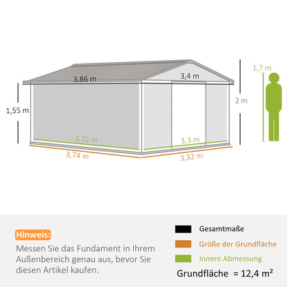 Toolhouse 12.4 m², Garden Shed with Gable Roof, Sliding Door, Foundation, 386 x 340 x 200 cm, Tool Shed made of Galvanized Steel, Weatherproof, for Garden, Brown
