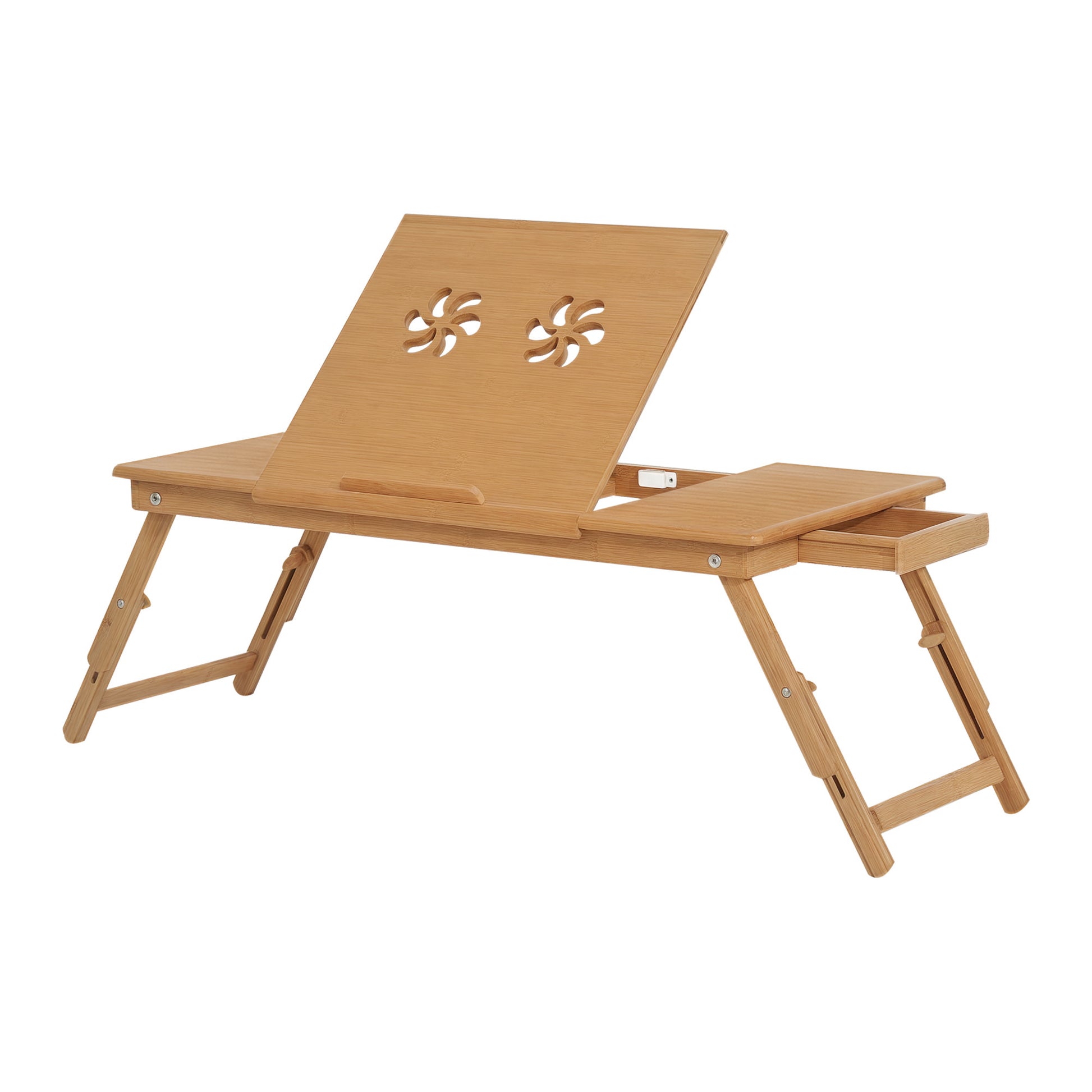 Bamboo Laptop Computer Table Bed Tray Breakfast Foldable Adjustable Height Reclining Lap Desk with 1 Drawer 72x35x22-30cm