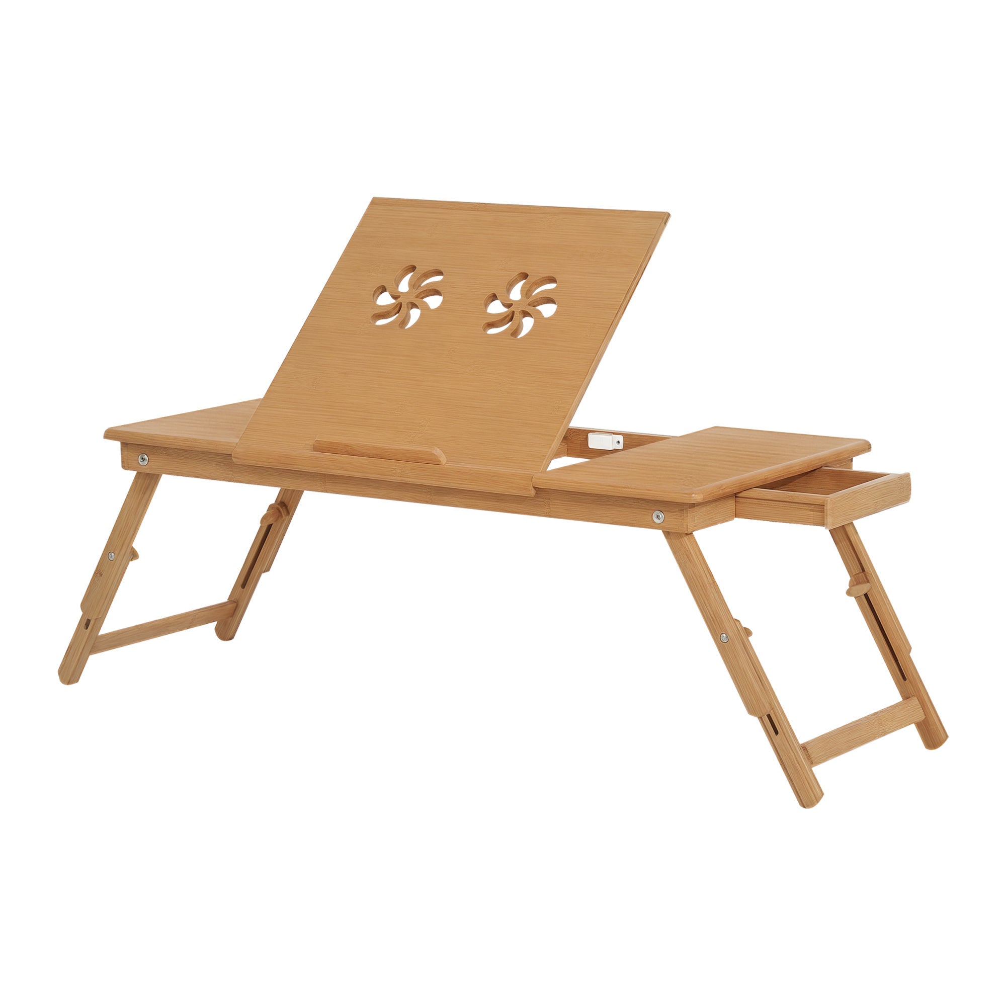 Bamboo Laptop Computer Table Bed Tray Breakfast Foldable Adjustable Height Reclining Lap Desk with 1 Drawer 72x35x22-30cm