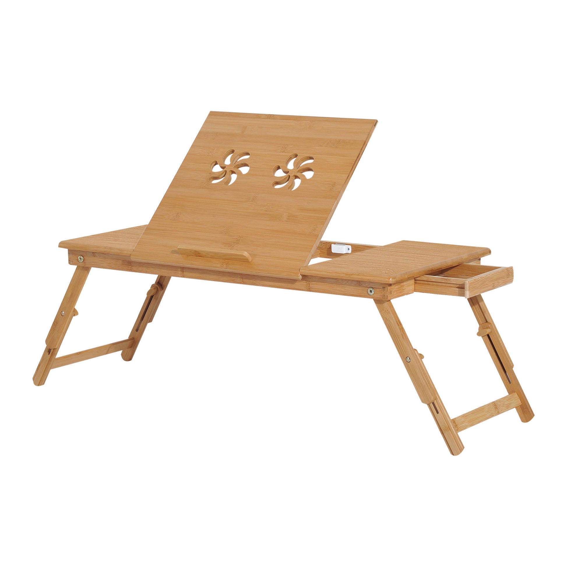 Bamboo Laptop Computer Table Bed Tray Breakfast Foldable Adjustable Height Reclining Lap Desk with 1 Drawer 72x35x22-30cm