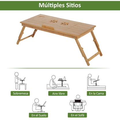 Bamboo Laptop Computer Table Bed Tray Breakfast Foldable Adjustable Height Reclining Lap Desk with 1 Drawer 72x35x22-30cm