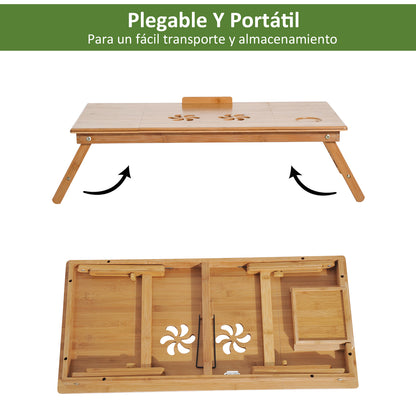 Bamboo Laptop Computer Table Bed Tray Breakfast Foldable Adjustable Height Reclining Lap Desk with 1 Drawer 72x35x22-30cm