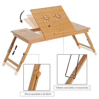Bamboo Laptop Computer Table Bed Tray Breakfast Foldable Adjustable Height Reclining Lap Desk with 1 Drawer 72x35x22-30cm