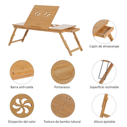 Bamboo Laptop Computer Table Bed Tray Breakfast Foldable Adjustable Height Reclining Lap Desk with 1 Drawer 72x35x22-30cm