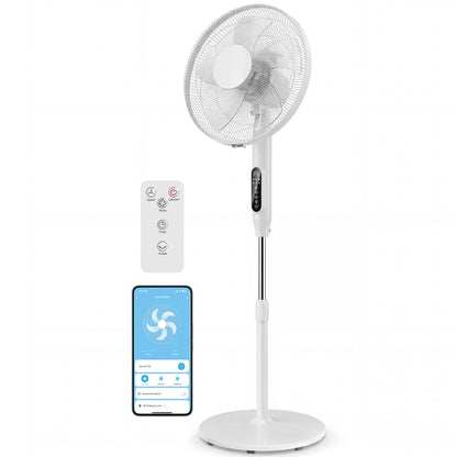 18" Smart Pedestal Fan — App & Remote, 3 Speeds/3 Modes, Adjustable 46.5–54.3 in Height, 15H Timer, Oscillating, White