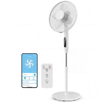 18" Smart Pedestal Fan — App & Remote, 3 Speeds/3 Modes, Adjustable 46.5–54.3 in Height, 15H Timer, Oscillating, White