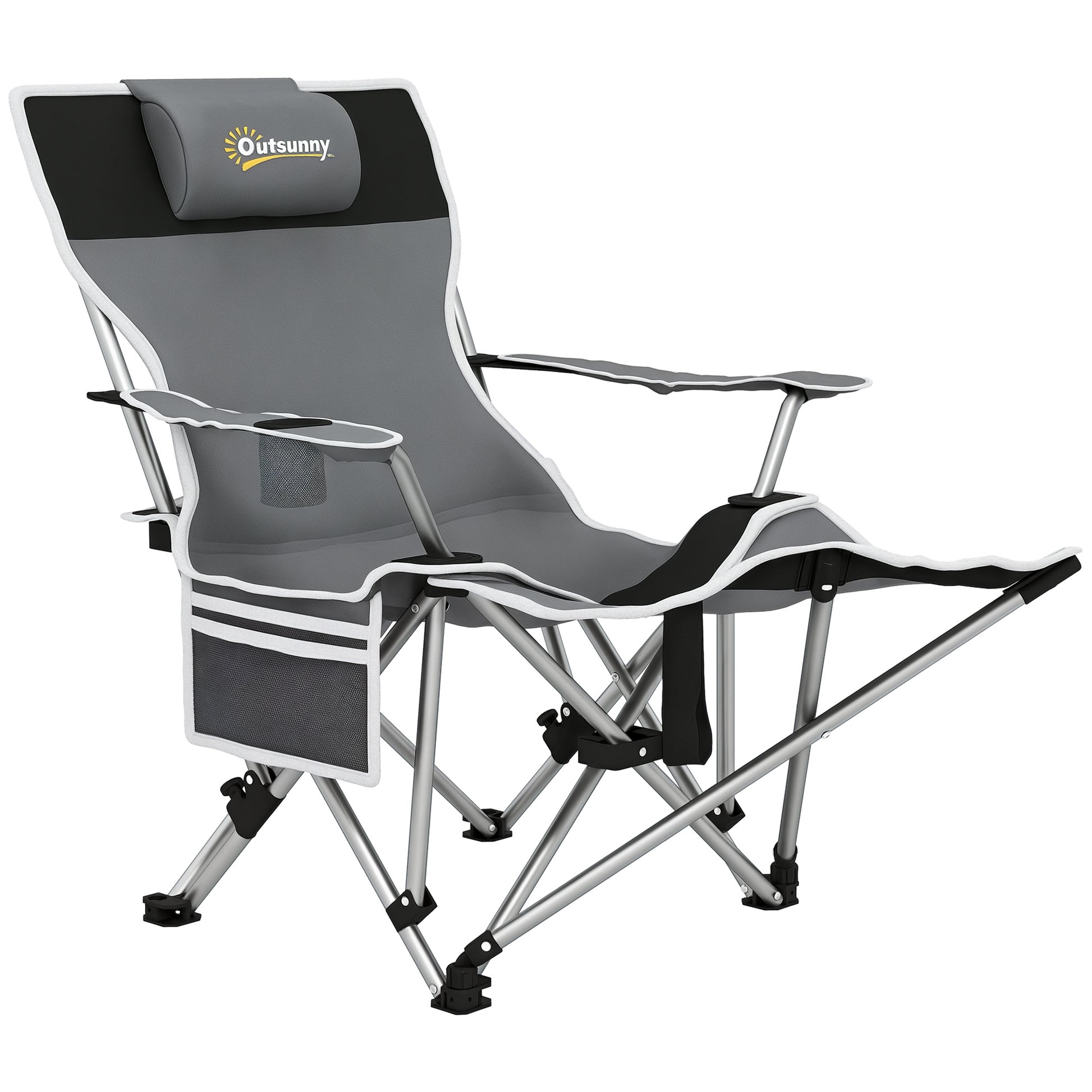 Folding Camping Chair, Fishing Chair with Removable Footrest, Headrest, Cup Holder, and Carry Bag, Lounge Chair for Outdoor Beach, Picnic, Gray