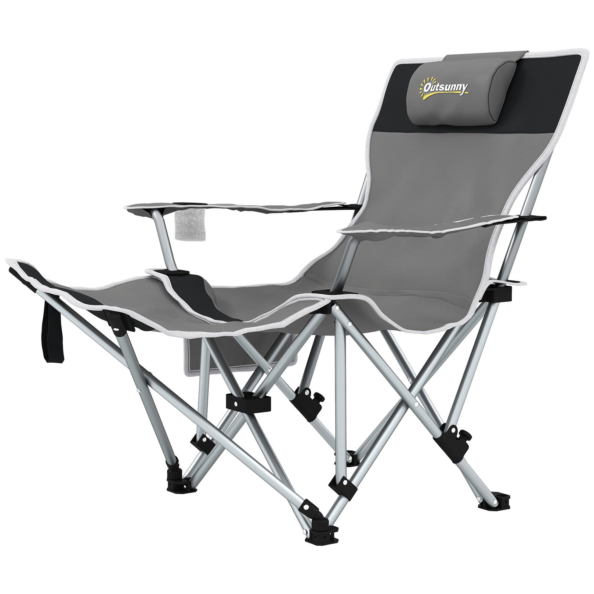 Folding Camping Chair, Fishing Chair with Removable Footrest, Headrest, Cup Holder, and Carry Bag, Lounge Chair for Outdoor Beach, Picnic, Gray