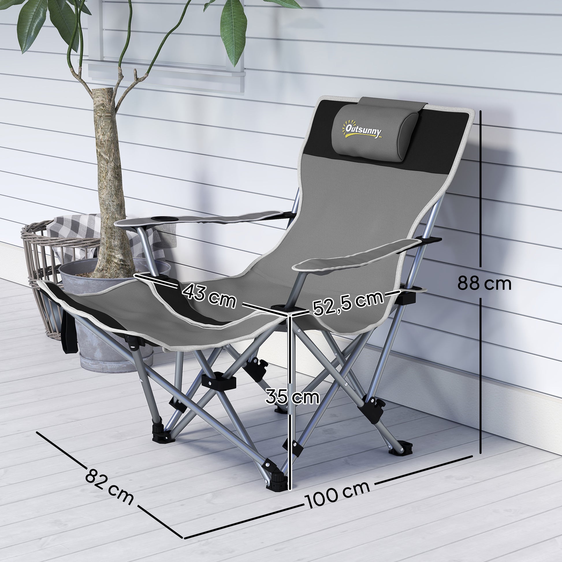 Folding Camping Chair, Fishing Chair with Removable Footrest, Headrest, Cup Holder, and Carry Bag, Lounge Chair for Outdoor Beach, Picnic, Gray