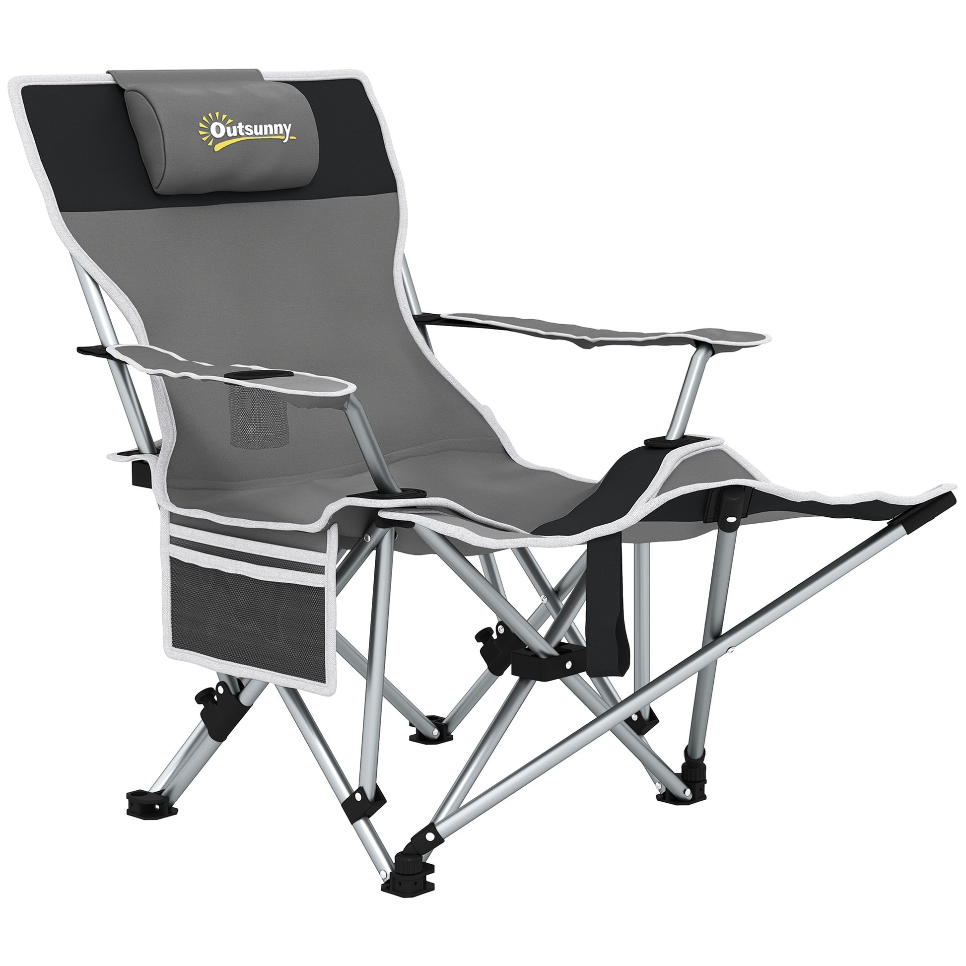 Folding Camping Chair, Fishing Chair with Removable Footrest, Headrest, Cup Holder, and Carry Bag, Lounge Chair for Outdoor Beach, Picnic, Gray