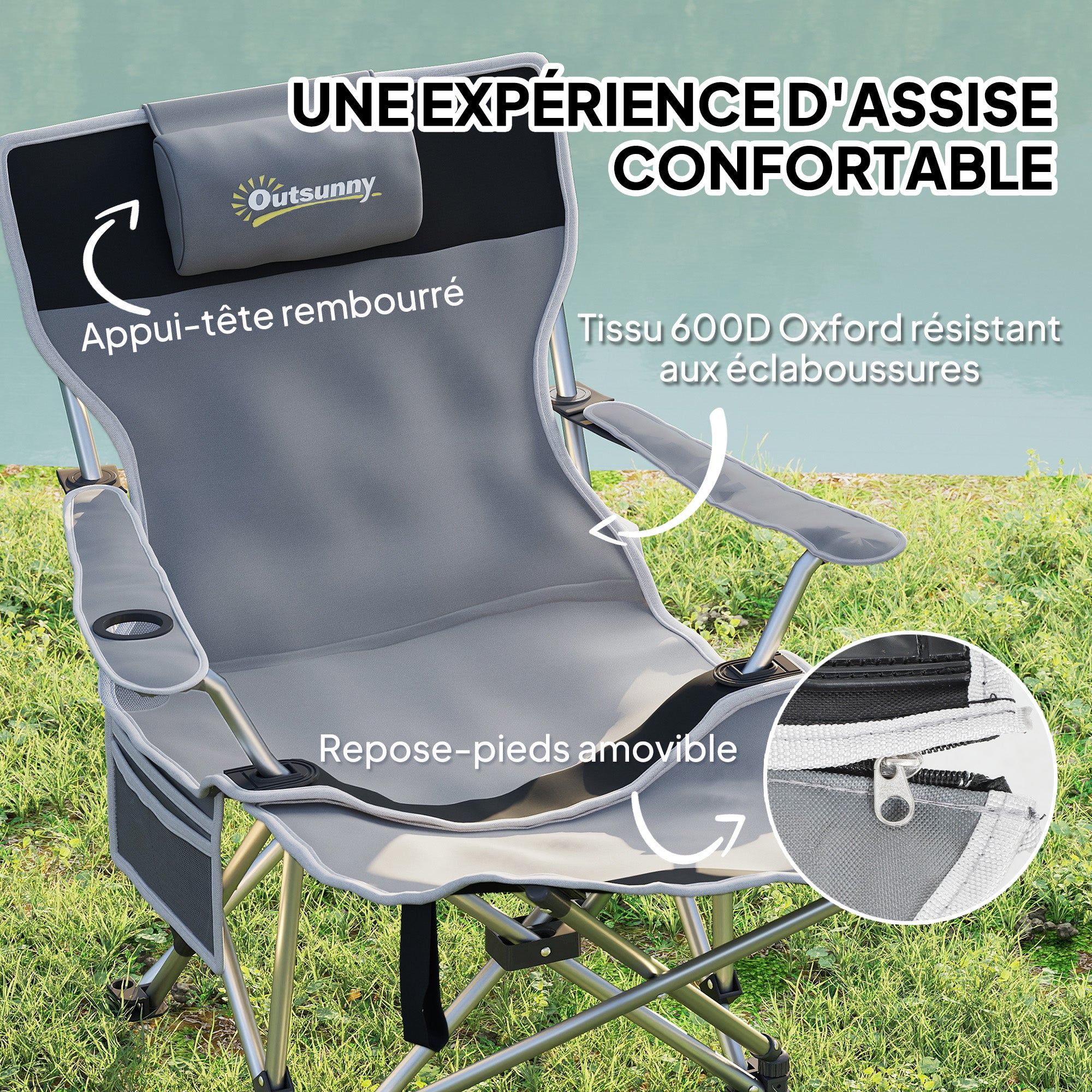 Folding Camping Chair, Fishing Chair with Removable Footrest, Headrest, Cup Holder, and Carry Bag, Lounge Chair for Outdoor Beach, Picnic, Gray