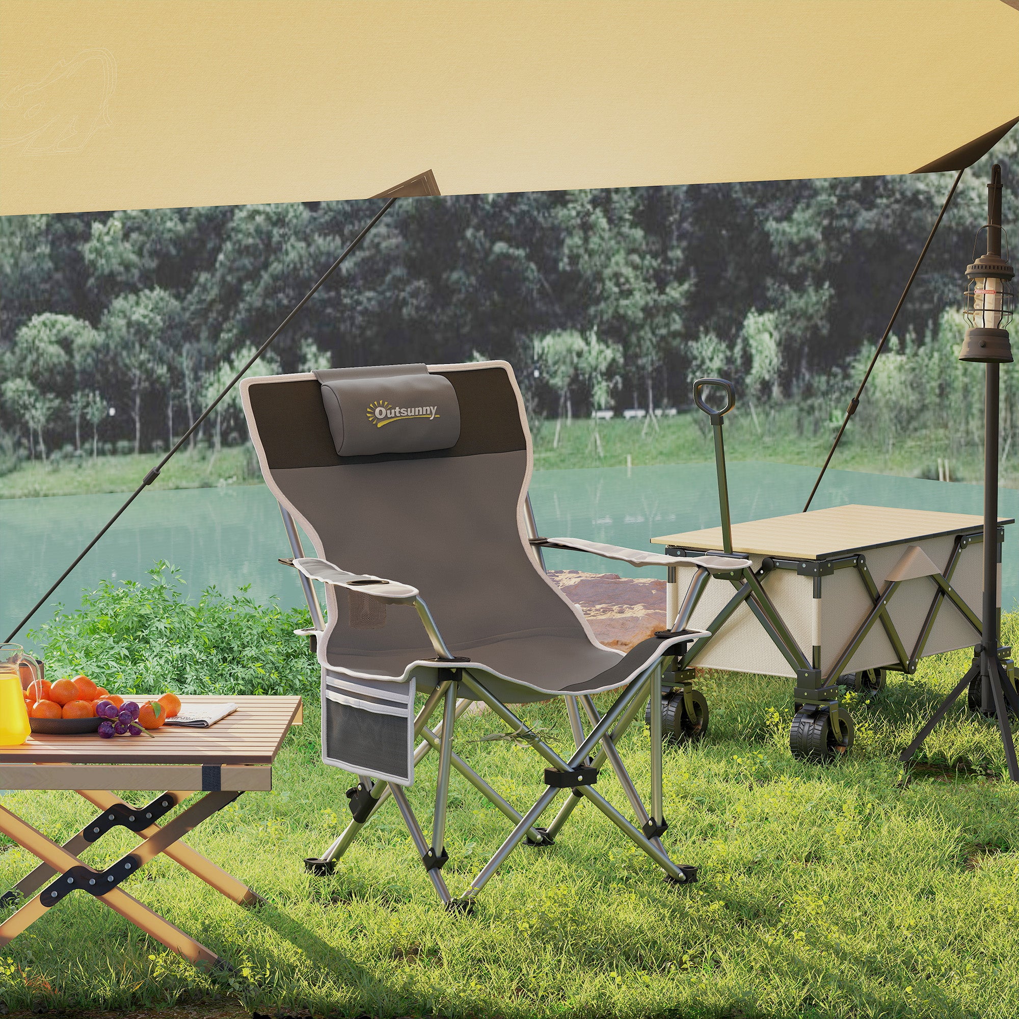 Folding Camping Chair, Fishing Chair with Removable Footrest, Headrest, Cup Holder, and Carry Bag, Lounge Chair for Outdoor Beach, Picnic, Gray