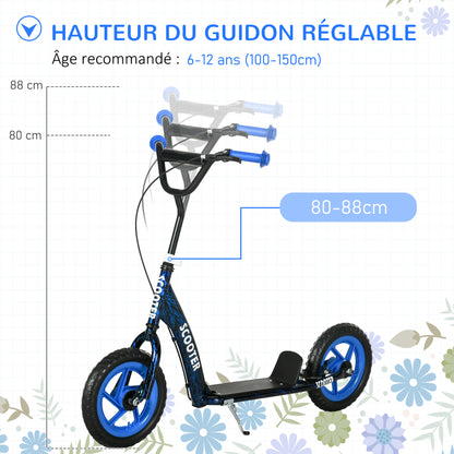 Children's Scooter with Large Wheels for 6-12 Year Olds Adjustable Height Rear Brake Kickstand Blue