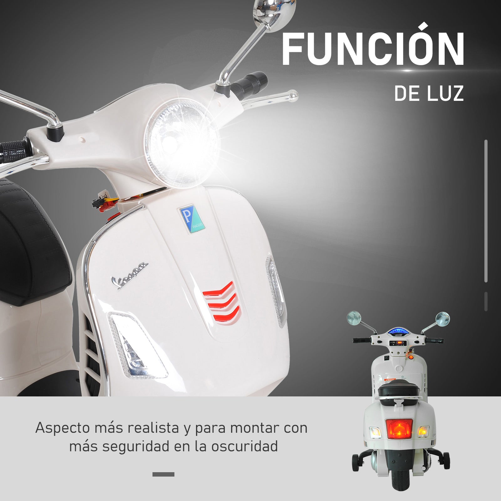 Electric Motorcycle for Kids 3-6 Years Old with VESPA License Battery-Powered Motorcycle for Kids with Music Speed 2-3 km/h and Horn Load 25 kg White