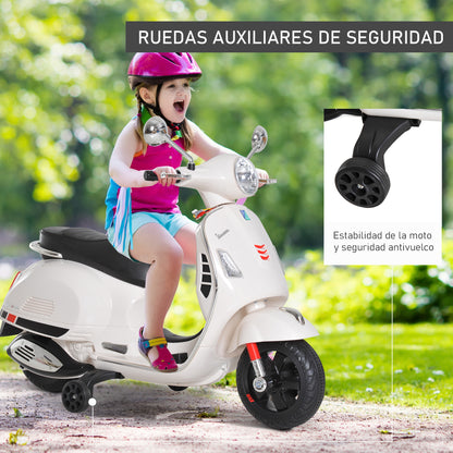 Electric Motorcycle for Kids 3-6 Years Old with VESPA License Battery-Powered Motorcycle for Kids with Music Speed 2-3 km/h and Horn Load 25 kg White