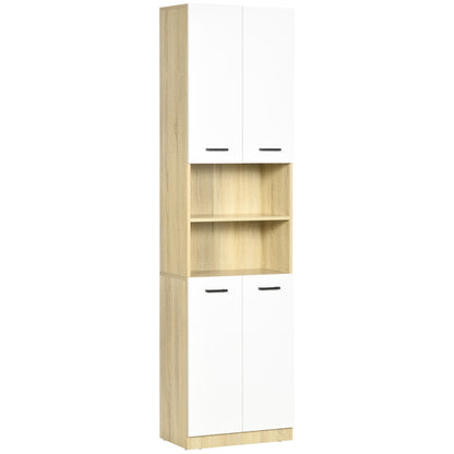 Bathroom Auxiliary Column Tall Bathroom Cabinet with 4 Doors 2 Open Shelves and Adjustable Shelves Modern Style for Living Room 53x33.5x195.7 cm White and Oak