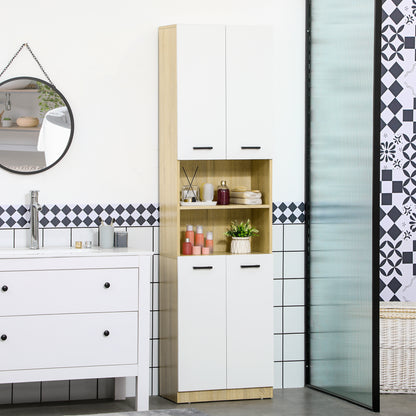 Bathroom Auxiliary Column Tall Bathroom Cabinet with 4 Doors 2 Open Shelves and Adjustable Shelves Modern Style for Living Room 53x33.5x195.7 cm White and Oak