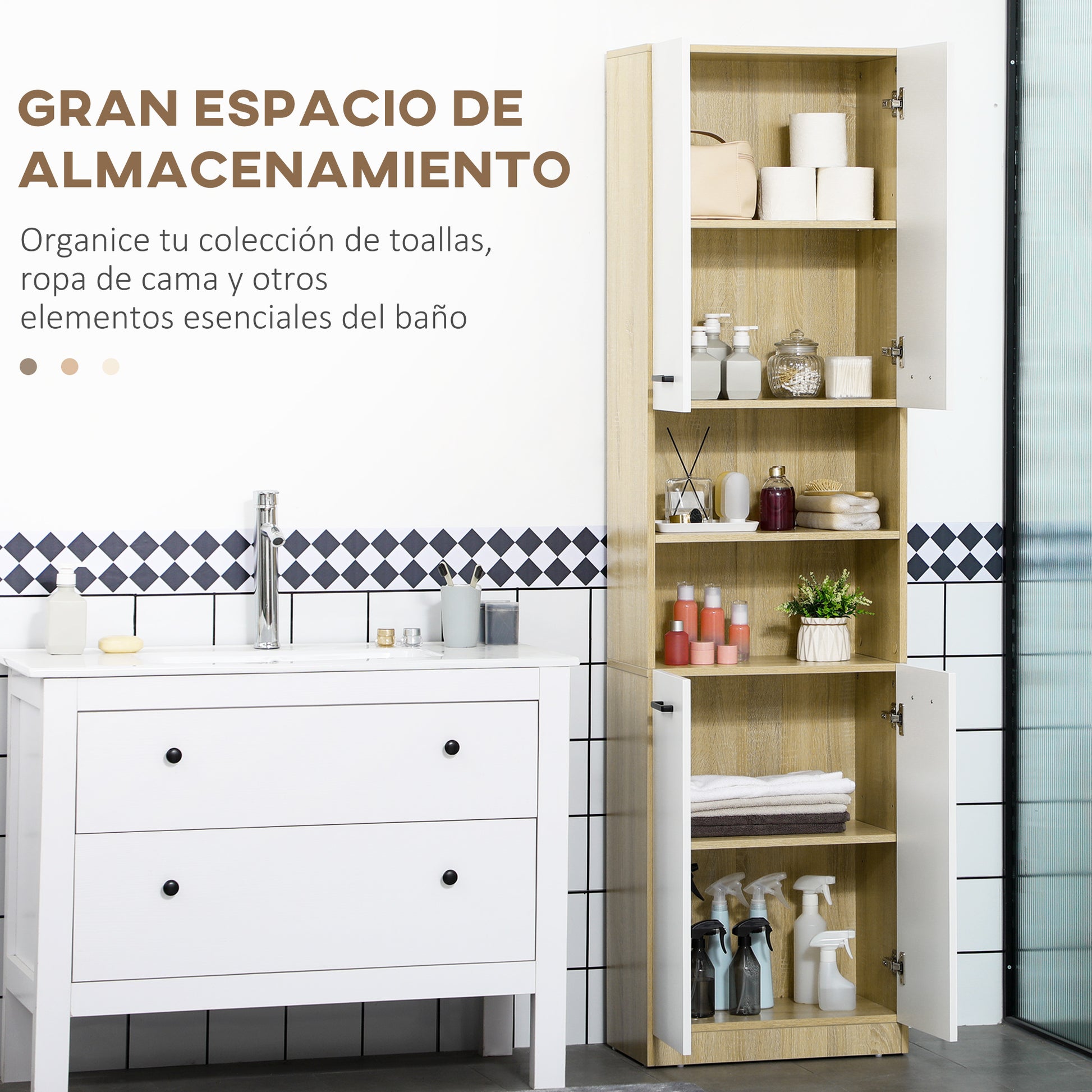 Bathroom Auxiliary Column Tall Bathroom Cabinet with 4 Doors 2 Open Shelves and Adjustable Shelves Modern Style for Living Room 53x33.5x195.7 cm White and Oak