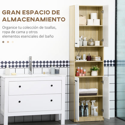 Bathroom Auxiliary Column Tall Bathroom Cabinet with 4 Doors 2 Open Shelves and Adjustable Shelves Modern Style for Living Room 53x33.5x195.7 cm White and Oak