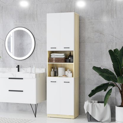 Bathroom Auxiliary Column Tall Bathroom Cabinet with 4 Doors 2 Open Shelves and Adjustable Shelves Modern Style for Living Room 53x33.5x195.7 cm White and Oak