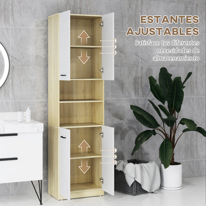 Bathroom Auxiliary Column Tall Bathroom Cabinet with 4 Doors 2 Open Shelves and Adjustable Shelves Modern Style for Living Room 53x33.5x195.7 cm White and Oak